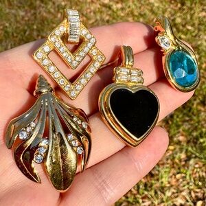 Vintage KJL Gold Tone Charm Pendants Set Rhinestone Heart Teal Drop